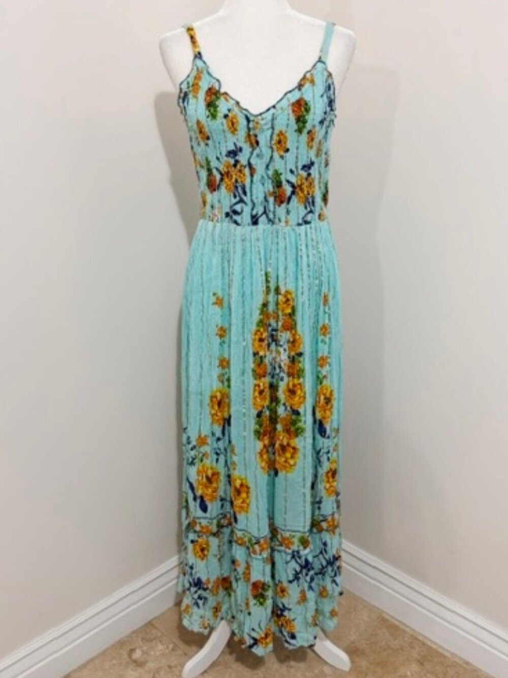 Me 2 Magic Anthropologie Sleeveless Maxi Boho Dress Blue Floral Size L NWT